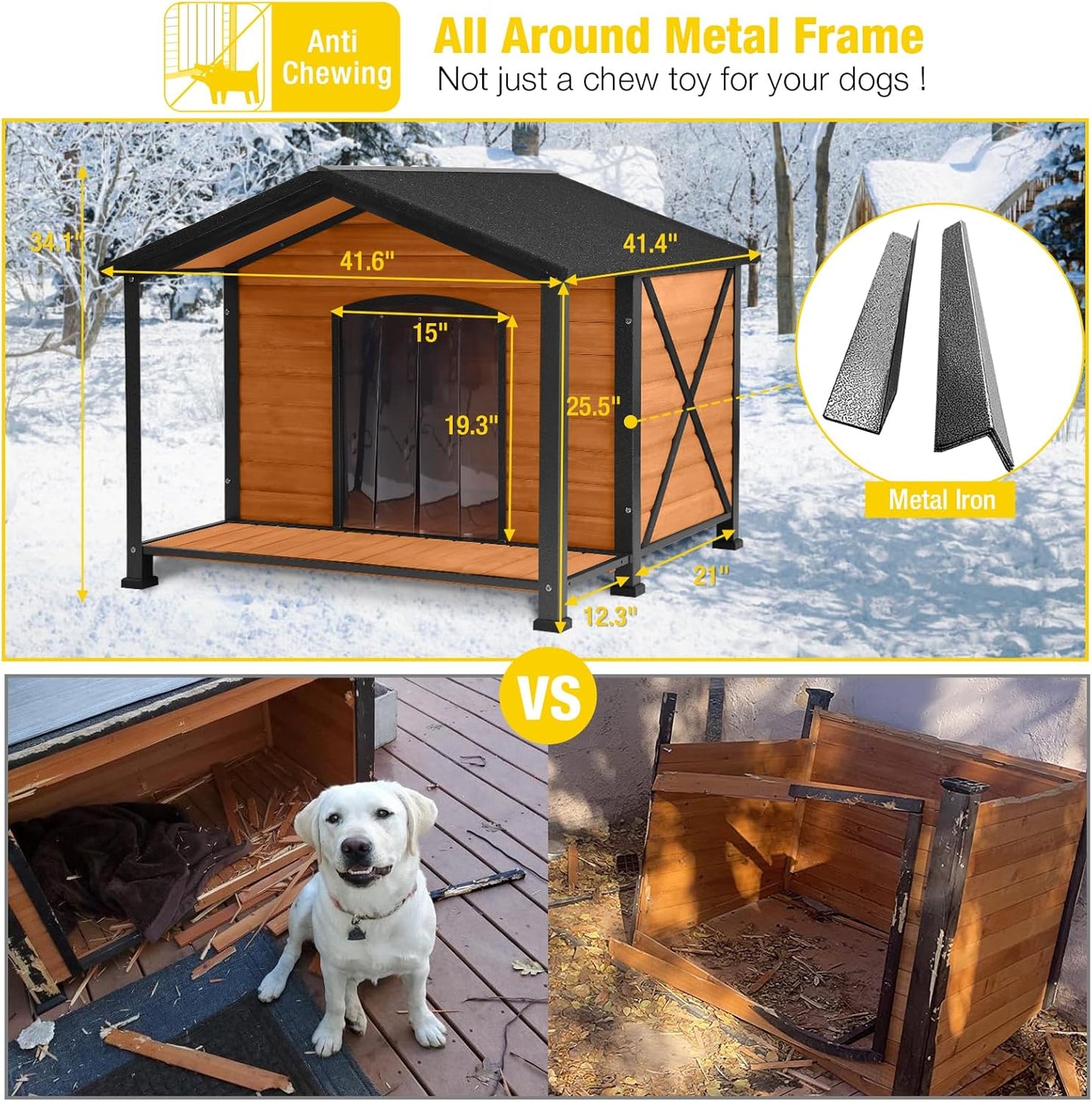 Aivituvin Outdoor Dog House with Chewproof Strong Metal Frame Insulated Outside Dog Kennel Weatherproof for Medium to Large Dogs, (41.5" L x 41.4" D x 34.1" H)