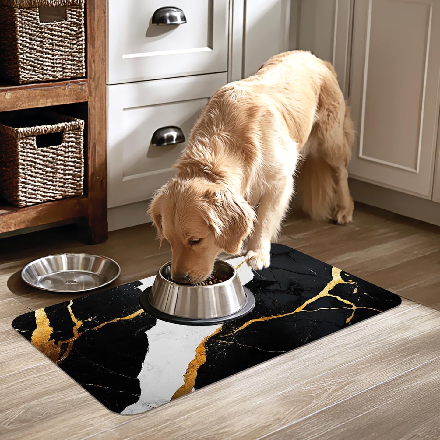 Black Gold Marble Dog Cat Food Mat-Absorbent Placemat for Food and Water Bowl, Waterproof Non Slip Rubber Backing Dog Food Mats for Floors, Pet Supplies 12 * 20 inch