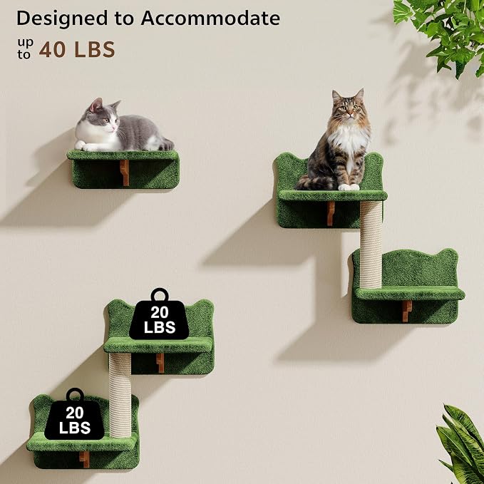26-in-1 Cat Wall Shelves with Cat Tree, 40''L Tunnel, Moon, Green | Wall Mounted Cats Furniture Set with Plush Fabric, Cat Climbing Systems for 16 Inch Drywall, with Scratching Posts, Bridge