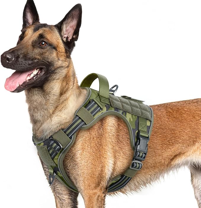 rabbitgoo Tactical Dog Harness for Large Dogs, No Pull Service Pet Vest | Military Molle System & Easy Control Handle, Adjustable and Reflective for Walking and Training, Green Camo, Large