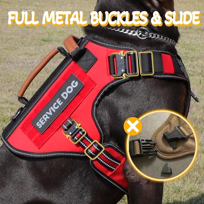 Service Dog Vest - HEYCAHVA Tactical Dog Harness Full Metal Buckles for Large Medium Dogs Reflective No Pull Dog Harnesses Vest with Leather Handle, Hook & Loop for Hiking Training (Red, XL)