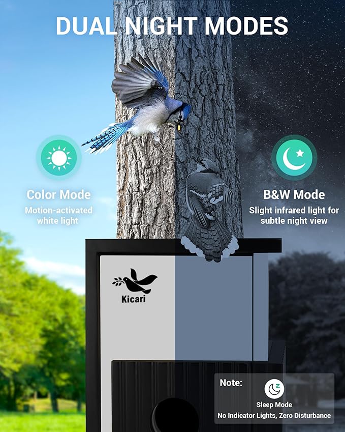 Kicari Bird House with Camera 2K HD, Solar & Battery Powered, Dual Night Vision, PIR Motion Sensor, Two-Way Audio, WiFi App Control, Weatherproof Wooden Smart Bluebird Nest Box for Outdoor Use, Gray