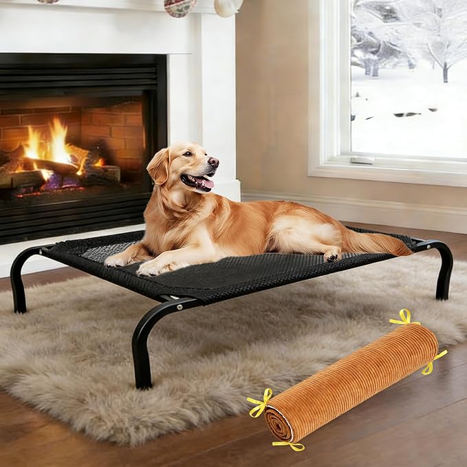 XCL Elevated Dog Bed for Large Dogs, Cooling Raised Dog Bed, Outdoor and Indoor Breathable Mesh Non-Slip Frame Pet Beds, Easy Clean, Installation, Equipped with Pet Cushion, 40In
