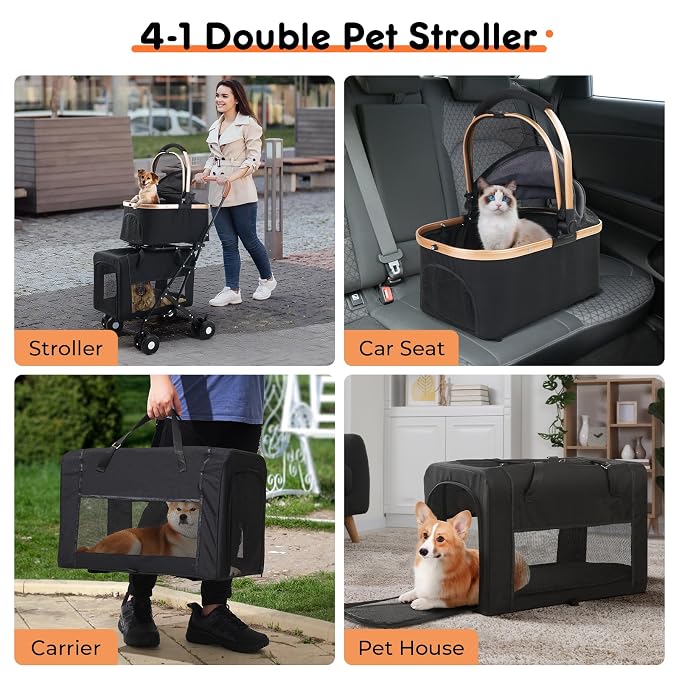 Double Pet Stroller for Small Medium Dogs - 4 In1 Dog Stroller for 2 Pets, Detachable and Foldable with 360°Rotating Wheels, Easy Assembly and Compact Size (Black)