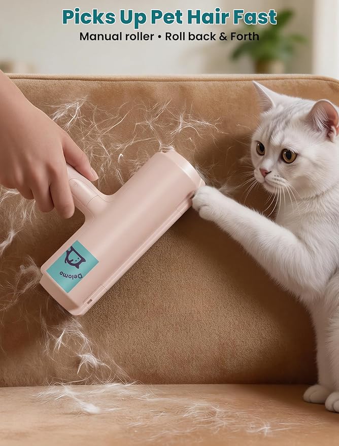 DELOMO Pet Hair Remover Roller: Reusable Lint Roller with Large Fur Bin - Portable Cat and Dog Hair Remover for Couch, Bedding, Car, Rugs & Furniture, Effective and Eco-Friendly, for Multi-Pet Homes