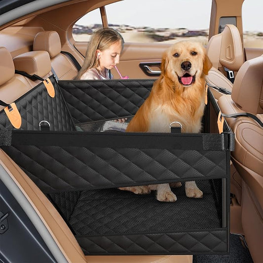PETICON Large Dog Car Seat, Back Seat Extender for Dogs with Hard Bottom | Waterproof Medium Carseat for Dogs with 3 Mesh Windows, Pet Seat Cover for Cars, Trucks and SUVs