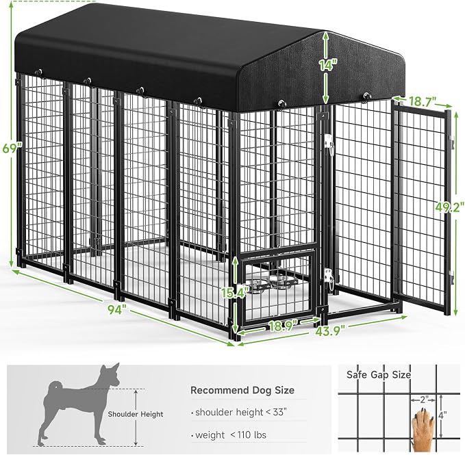 Dog Kennel Outdoor, Weatherproof Outside Dog Kennel with Roof & Swivel Feeders and Removable Dog Door, Heavy Duty Outdoor Kennels Dog Enclosure Run for Medium Large Dogs (8'L x 4'W x 6'H)