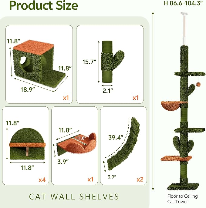 Cactus Cat Climbing Furniture Set with Floor to Ceiling Cat Tree | 5 Tier Cat Tower Adjustable Height (87-104in) and Wall Mounted Cat Shelves, with Cat Scratching Posts, House, Condo, Green