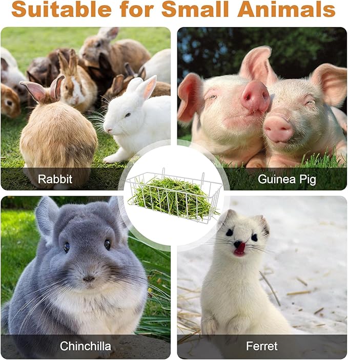 6PCS Heavy Duty Metal Rabbit Hay Feeder Rack with Hooks, 9x4x3 Inch Cage Hanging Holder for Bunnies and Guinea Pigs (White)