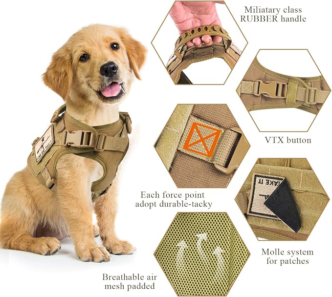 Tactical Dog Vest Harness, Outdoor Training Service Dog Vest Adjustable Military Working Dog Vest with Molle System and Rubber Handle (S=19.7"-22.8" Chest (Adjustable), Khaki)