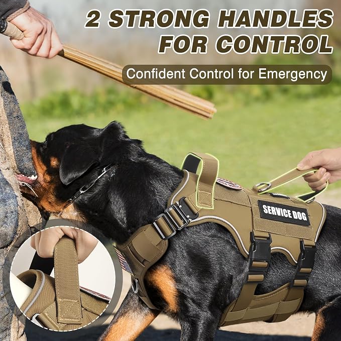 Tactical Dog Harness and Leash Set with Metal Buckles+10 Patches | Heavy Duty Service Dog Vest ,Adjustable Harness for Large Sized Dogs,No Pull Front Back Clips,for Training Hiking,Brown L