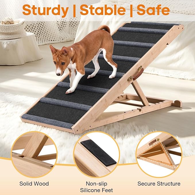Dog Ramp for Bed - Extra Large, 18'' Wide, Gentle Slope Folding Pet Ramps for Small Large Senior Dogs to Get on High Couches & Cars, Non-Slip Rubber Surface, Holds 220lbs, 7 Adjustable Heights