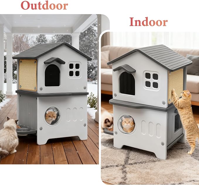 Insulated Cat House Outdoor Plastic Cats Shelter Outside with Cat Bowls | Weatherproof, Durable Plastic, with Elevated Cat Bowls, Cat Scratch Pad , Escape Door, 2-Story, Waterproof ,for Multiple Cats