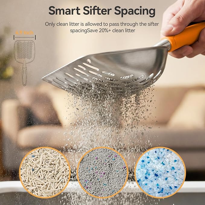 Cat Litter Scoop, Large Long Handle Kitty Metal Scooper | Heavy Duty Aluminum Deep Sifter, Ergonomic Non-Slip Grip, Rustproof Durable Poop Cleaner for Cat Litter Box