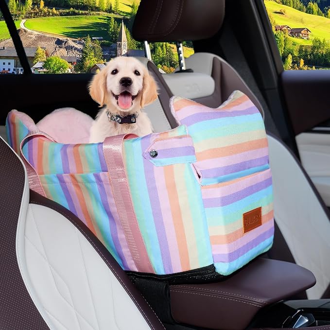 Dog Car Seat for Small Dogs 5-15 lbs, Pink Stripes | Center Console Puppy Booster and Portable Travel Bed, Anti-Collapse Design with Washable Fluffy Cushion