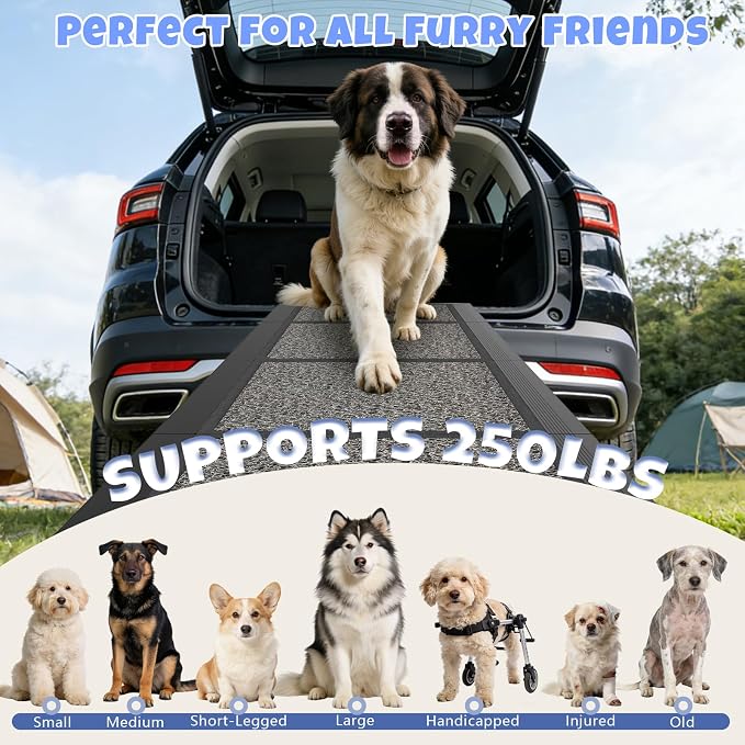 Dog Ramp for Car, Truck, 63"x17" Folding Non-Slip Pet Ramp for Large Dogs | Non-Slip Rug Surface, 250LBS Capacity, Easy to Carry & Storage, Foldable, Fits SUV/Truck, Joint-Friendly Gentle Slope