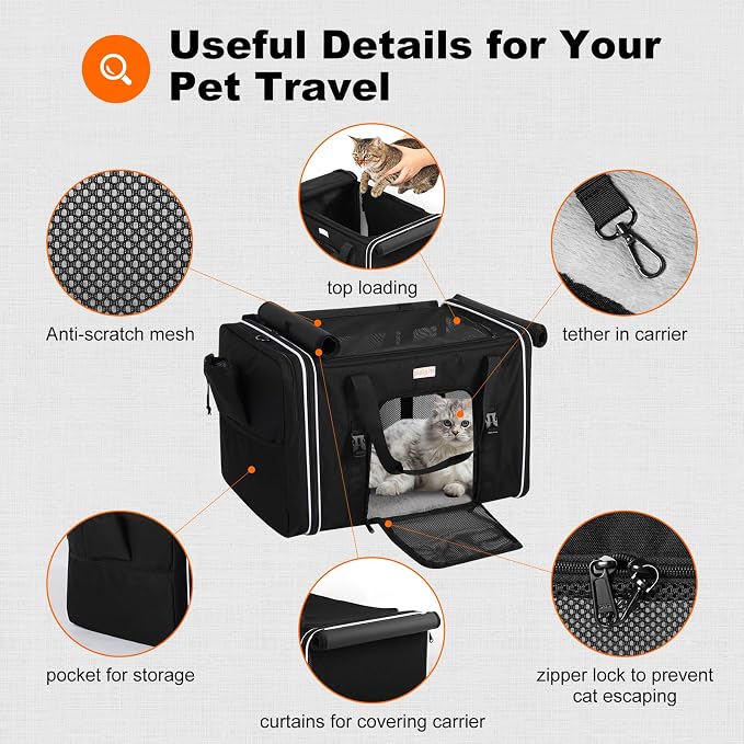 pidipiti 24 x 17 x17 Extra-Large Soft-Sided pet Carrier for 2 Cats / 1 Large cat, car Travel Kennel for Medium Dog,Long Distance Road Trip Transport cage with Litter Box.