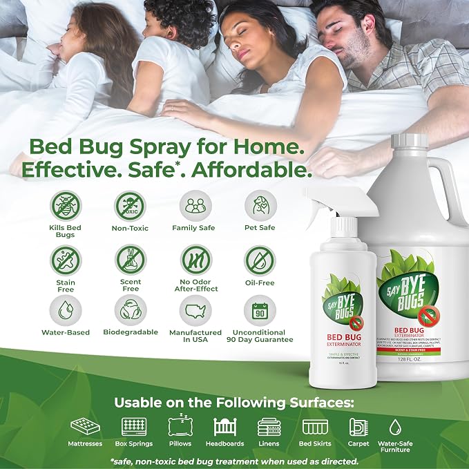 Bed Bug Spray for Getting Rid of Bed Bugs Permanently. Say Bye Bugs - a Non-Toxic, Kill on Contact Bed Bug Treatment That Doesn't Stain & is Odor Free. Simply Shake & Spray (1x 128oz).