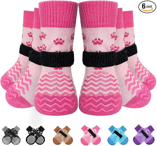 EXPAWLORER 6Pcs Anti Slip Dog Socks to Prevent Licking Paws, Dog Shoes for Hot Pavement, Double Sides Dog Boots & Paw Protectors Booties for Hardwood Floors with Grip Small Medium Large Senior Dogs, L