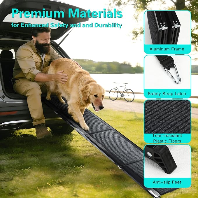CypherX 71" Dog Ramp for Car SUV, Portable Folding Pet Ramp for Large Dogs | Gentle Incline Dog Car Ramp, Non-Slip Carpet Surface, Quad-Fold Ultra Portable Pet Stairs, Sturdy Aluminum Supports 250lbs