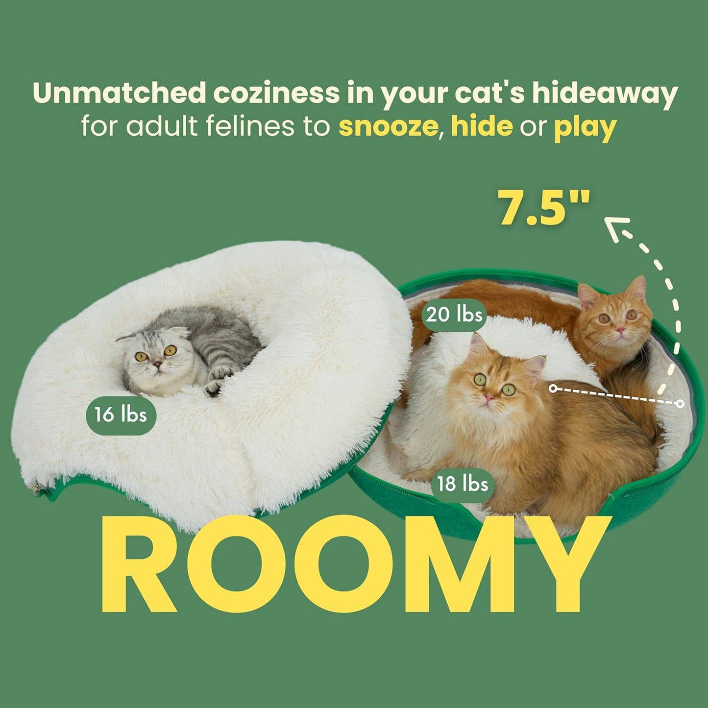 CATTASAURUS Peekaboo Cat Cave for Multiple & Large Cats Up to 30-45 Lbs, Fluffy Cat Beds & Furniture, Scratch Detachable & Washable Tunnel Bed, Comfy Donut Bed (Forest Green, Large (Calming))