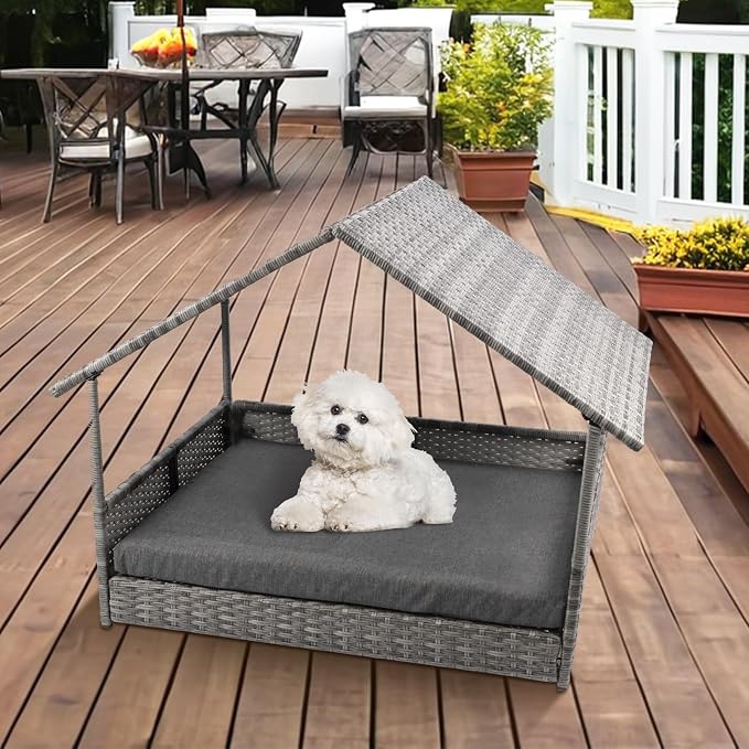 Wicker Dog House, Elevated Rattan Dog Bed with Canopy, Large Dog House Outdoor with Water Resistant Cushion, Outside Rattan Dog House for Dogs with Protective Cover, Grey