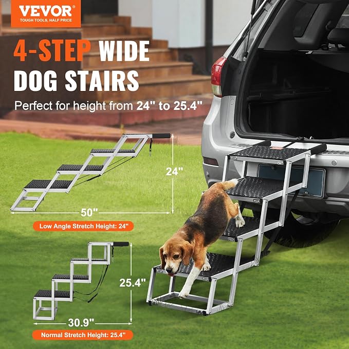 VEVOR 4-Step Dog Car Steps, Folding Dog Ramp with Nonslip Surface, Portable Pet Steps in Aluminum for Car, SUV and Truck, Supports up to 250 lbs