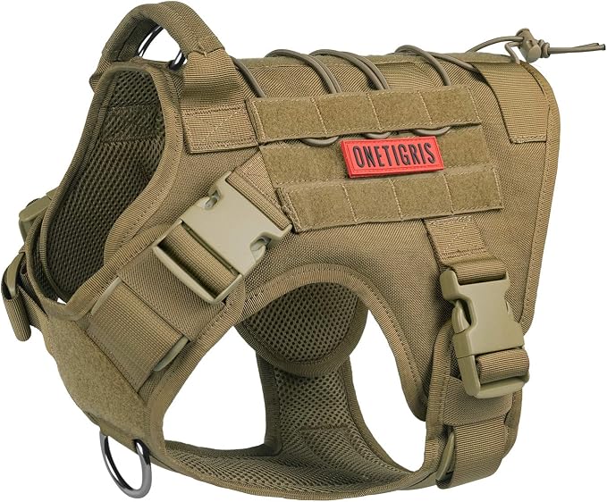 OneTigris Tactical Dog Harness No-Pull Service Vest for Medium Large Dogs | Military 1000D Pullable Nylon, Service Dog Vest with Hook & Loop Panels, Easy On & Off for Walking Hiking Training Brown M