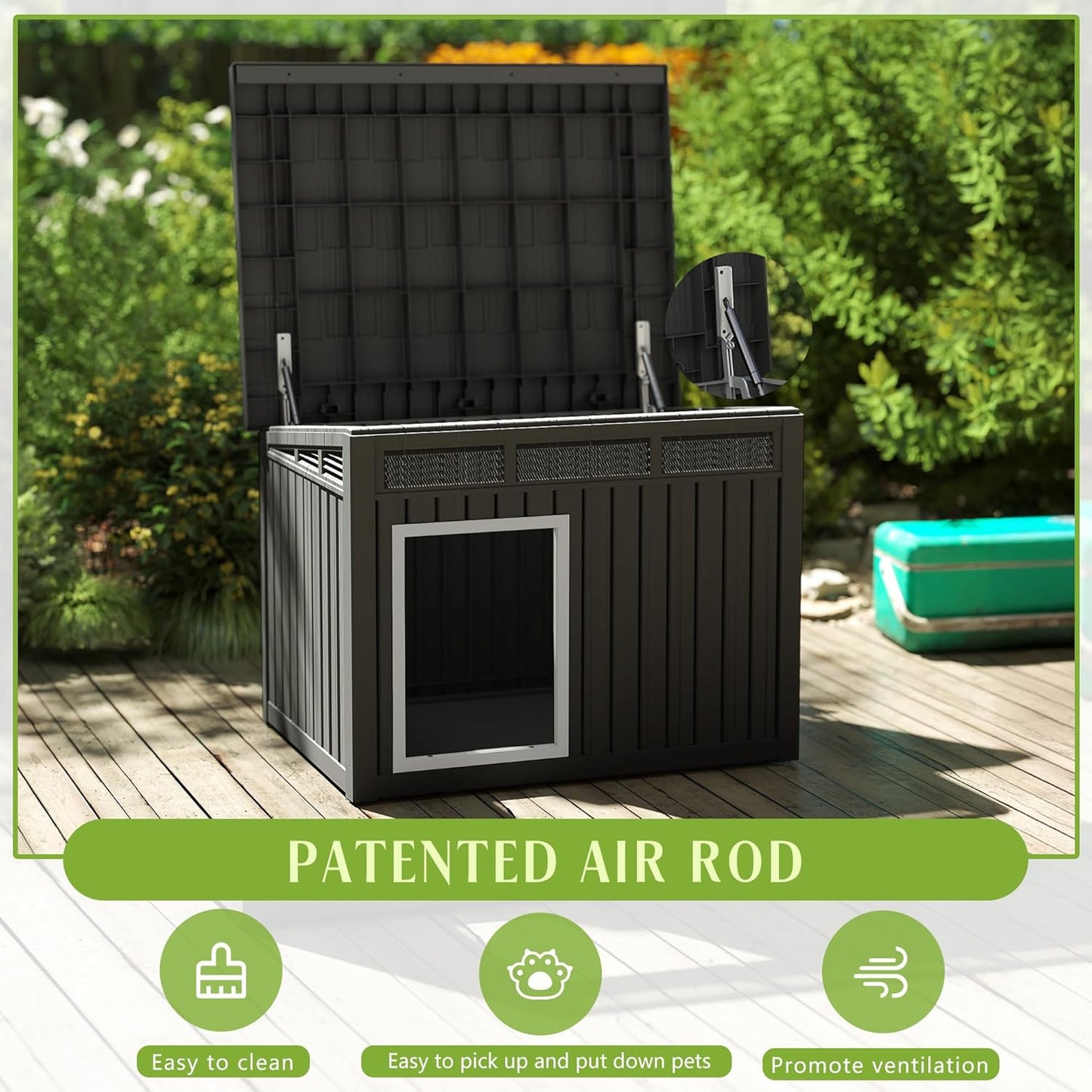 Dog House Indoor Outdoor,Resin Waterproof Puppy Shelter with Air Vents and Elevated Floor,Air Rod on Top to Open,Dog Kennel for Small to Large Dogs(Black,42.87 * 32.95 * 31.61)
