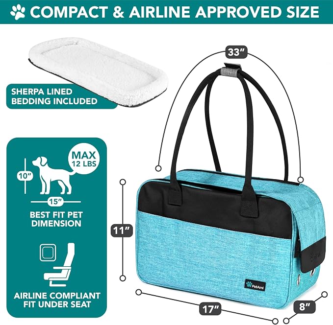 PetAmi Dog Purse Carrier for Small Dogs Cats, TSA Airline Approved Soft-Sided Pet Carrier with Pockets, Ventilated Travel Tote Bag with Bed & Shoulder Strap, Puppy Kitten, Max 12 lbs, Turquoise