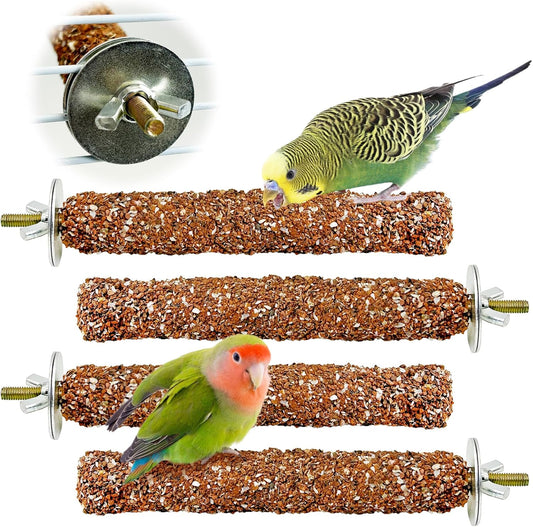 PINVNBY 4 PCS Natural Bird Perches Bird Grinding Stick Calcium Mineral Parrot Perch Stand Foot Claws Trimmer Chew Toy Bird Cage Accessories for Small Medium Budgie Cockatiel Conure Lovebird