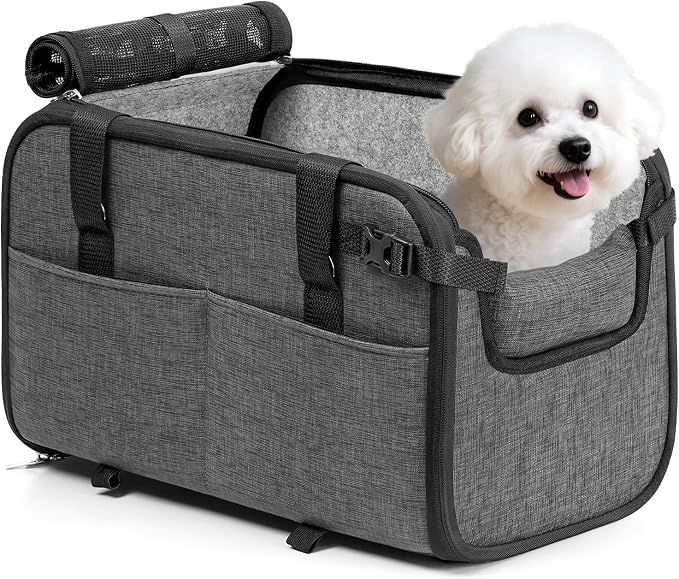 YUDODO Large Dog Car Seat for Center Console 10-18lbs, PU Booster Bed | Portable Puppy Cat Seat, Waterproof, Wipe Clean, Safe & Durable, Side Pockets, for Truck & SUV-Width>9.5in, Anti-Slip, Gray