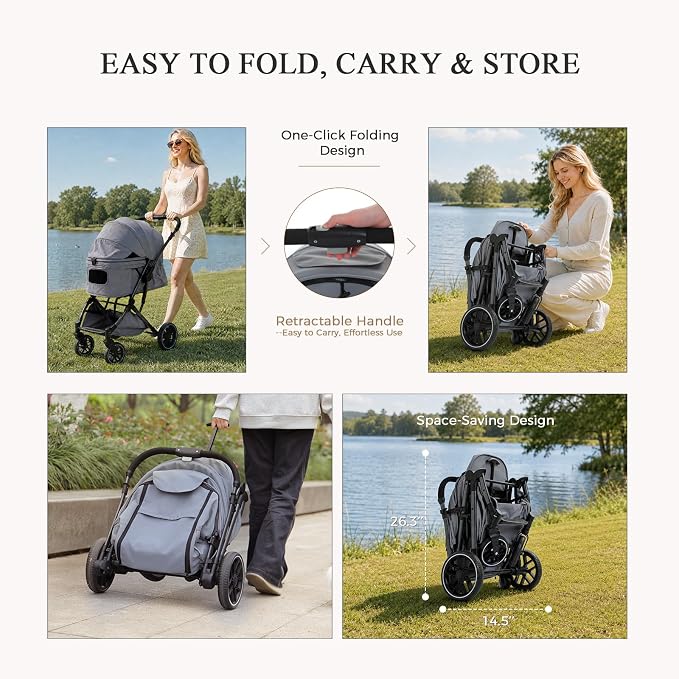 MUTTROS Pet Stroller for Small Medium Dogs & Cats Up to 66lbs, One Click Fold Dog Stroller, Large Cat Stroller w/All Terrain Shock Absorbing Wheels, Reversible Handle, Removable Washable Pad, Black