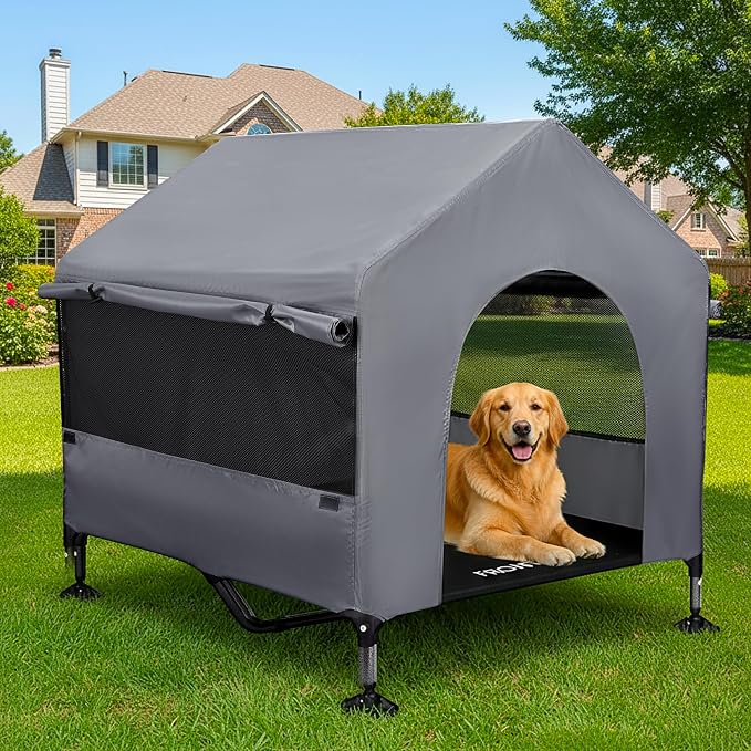 Dog House, 42” Large Dog House Outdoor Indoor Elevated Dog Cot Bed | 2-in-1 Outside Dog Tent Shade, Three-Sided Breathable Mesh Windows, Easy to Install, Waterproof Canopy, Non-Slip Feet