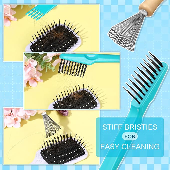 Boao 4 Pcs Hair Brush Cleaning Tool Set Mini Hair Cleaning Brush Tool Wooden Handle Mini Rakes for Removing Dust Home Salon Use(Green)