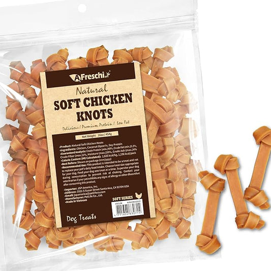 A Freschi srl Soft Chicken Dog Treats, All Natural, High-Protein, Healthy & Easily Digestible, Grain-Free Puppy Chews, Human Grade Training & Rewards Dog Snacks, Chicken Knots, 16 oz Pack