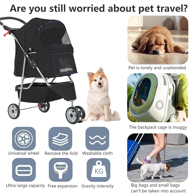 FDW Pet Stroller 3-Wheel Durable Foldable Cat Dog Stroller with Washable Liner Storage Basket Cup Holder,Black