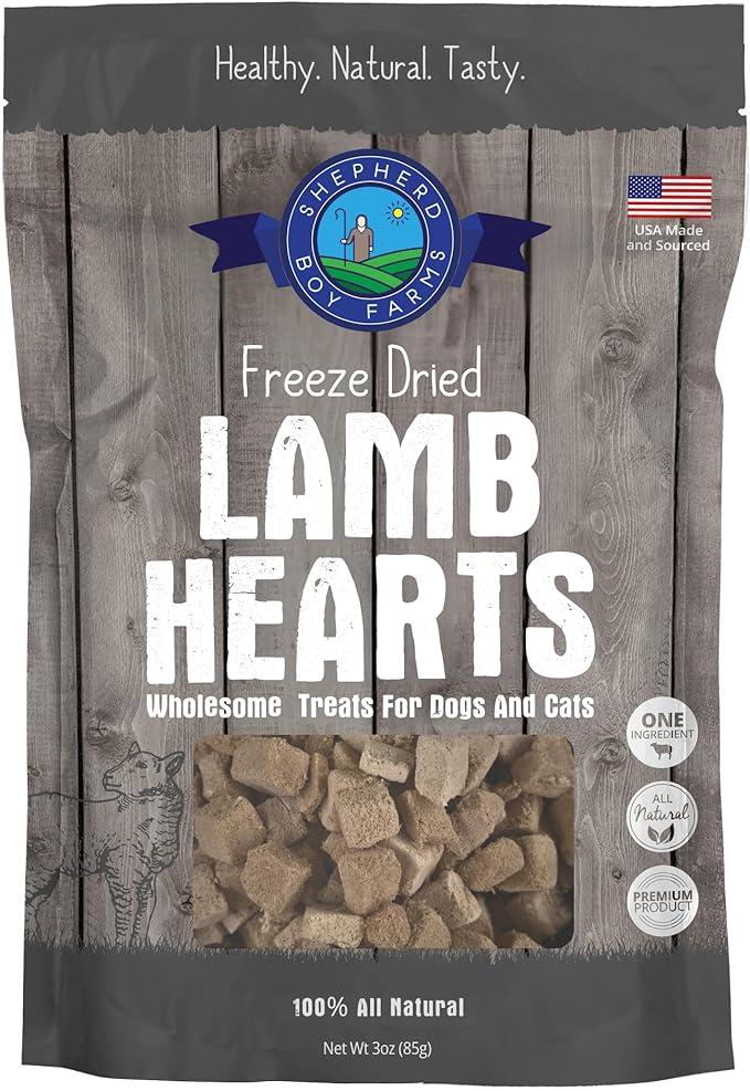 Shepherd Boy Farms Freeze Dried Dog and Cat Treats, Lamb Heart, All Natural Single Ingredient Freeze-Dried Dog Treat & Snacks, Made in USA, High Protein, Essential Nutrition of Raw Food, 3oz