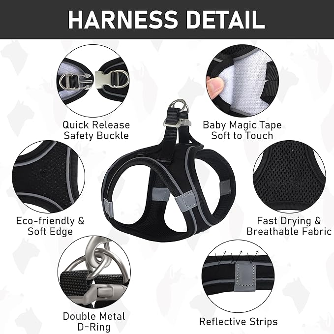 GAMUDA Small Dog Harness Collar and Leash Set, Step in No Chock No Pull Hemp Fabric Soft Mesh Dog Vest Harnesses Reflective for Dogs Puppy and Cats Outdoor Training and Running (Black, S)