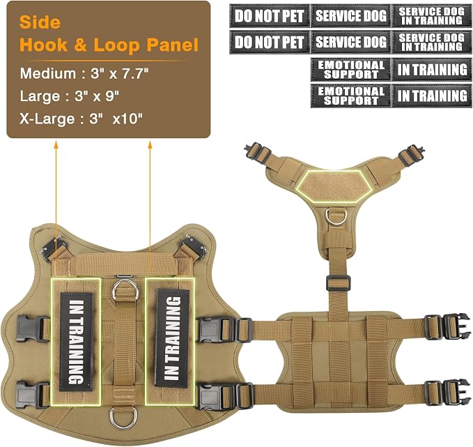 Service Dog Vest Harness for Large Dog, Tactical Working MOLLE Vest with 10 Pet Patches, No Pull Heavy Duty Harness for Training Walking