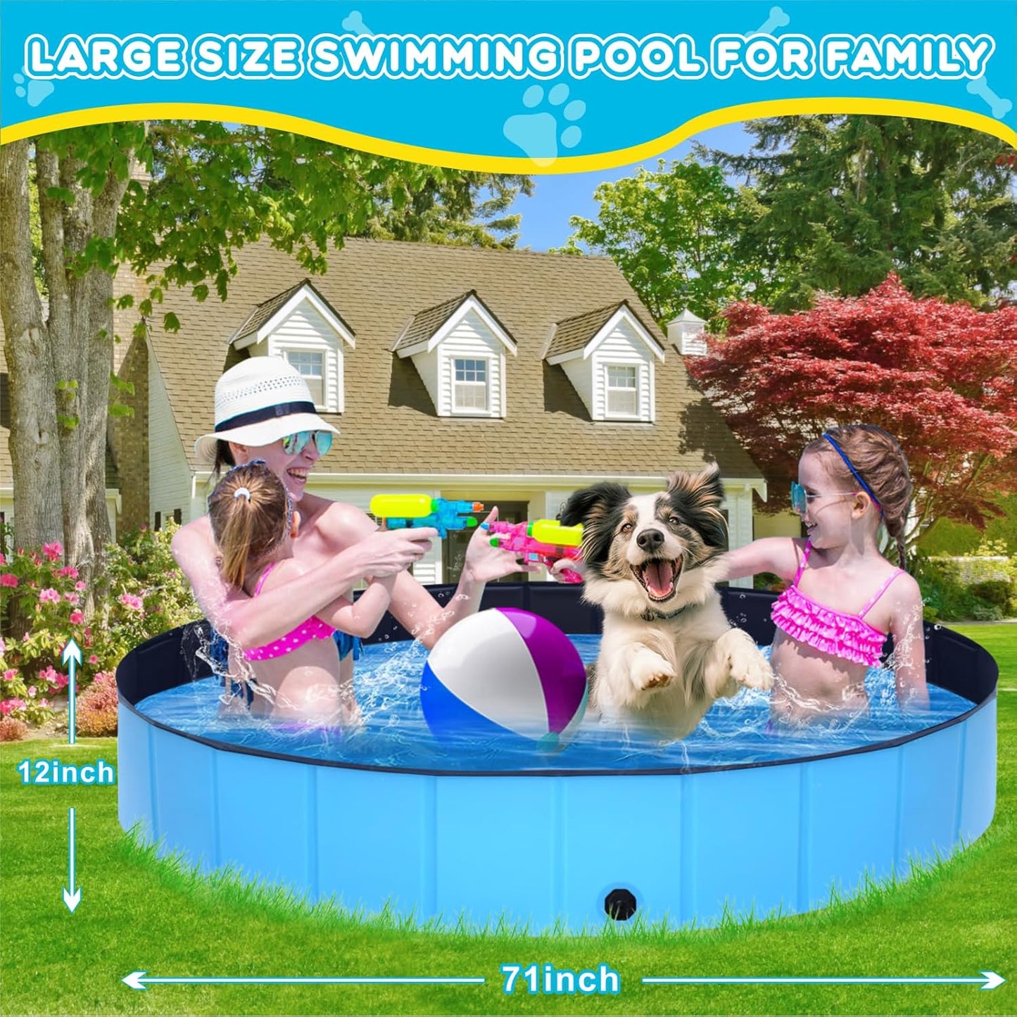 Foldable Dog Pool - 71" x 12" Anti-Slip Portable Dog Swimming Pool, Hard Plastic Collapsible Kiddie Pool for Outdoor and Indoor for Pets Dogs Cats and Kids
