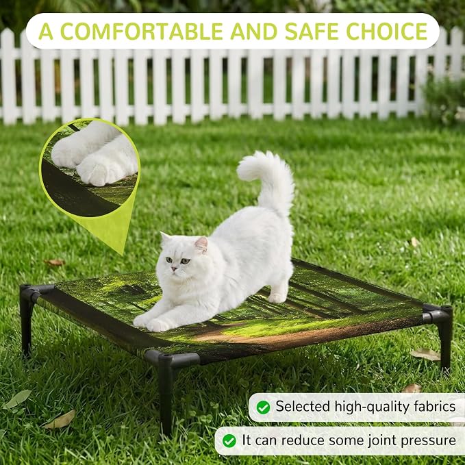 Outdoor Elevated Dog Bed for Small Dogs, Green Forest Breathable Cooling Raised Dog Cot for Indoor/Outdoor, Retro Rustic Natural Scenery Trees Waterproof Elevated Pet Beds, S 20 x 20 in