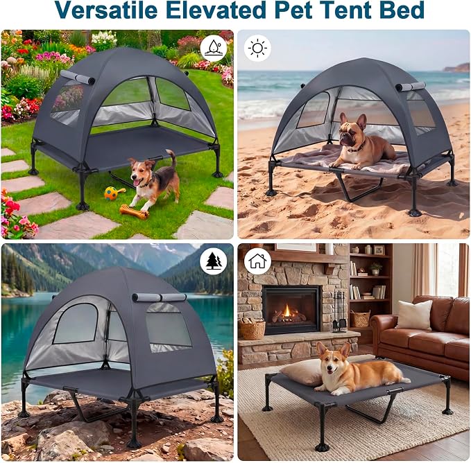 Elevated Dog Bed, Large Raised Dog Cot with Removable Shade Canopy for Large Dogs, Outdoor Portable Pet Tent with Breathable Mesh for Camping, Beach, Patio (Dark Gray, 50" L x 32" W x 42.5" Th)