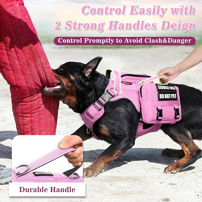 Service Dog Vest with Removable Backpack for Large Dogs Pink L | No Pull Adjustable Dog Harness with Pockets,Soft Padded Handles&Molle for Patches,Heavy Duty for Training Hiking Hunting