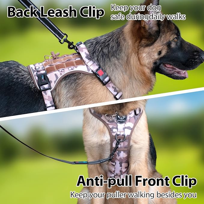 No Pull Tactical Dog Harness,Service Dog Vest Molle & Loop Panels | Woodland Brown M, Metal Front & Back D-ring, Reflective, Easy Control with Padded Handle for Small Medium Large Dogs