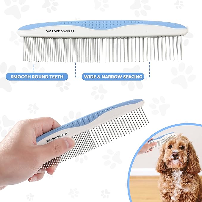 We Love Doodles Dog Grooming Comb Set & Large Dog Slicker Brush Bundle - Grooming Comb & Long Pin Brush for Dogs Kit - Removes Tangles & For Dematting - Brush for Shedding - Made in USA