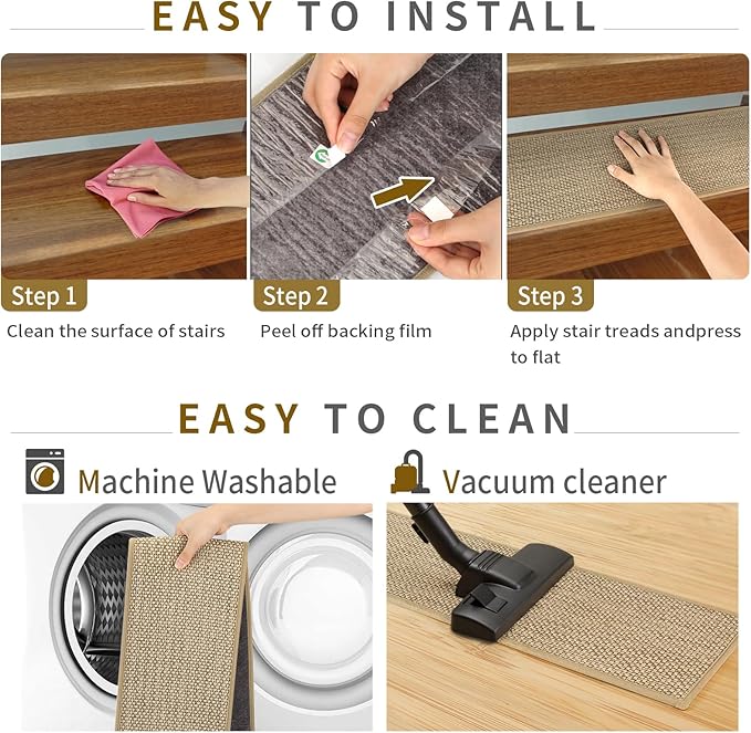 Stair Treads Non Slip for Wooden Steps Indoor 9" x 36" 4 Pack Extra Wide Stair Tread Carpet Stairs Runner, Step Pads with Reusable Adhesive for Dogs Kids Elders, Machine Washable, Beige