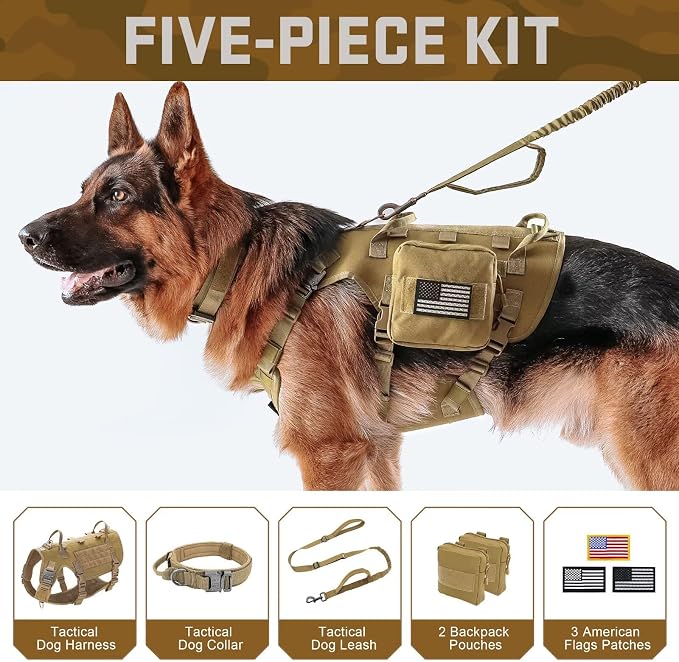 Forestpaw Tactical Dog Harness Collar Bungee Leash Set,S,Coyote Brown | Adjustable Fits 17-25" Chest,20-35 lbs,No Pull Control Military Style,Quick Release Buckle,Walking for Medium Dogs