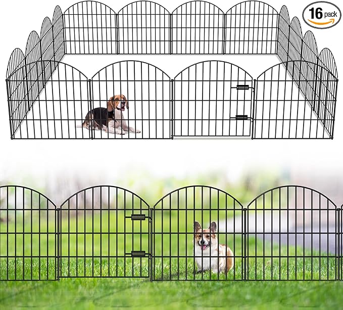 FOREHOGAR Metal Garden Fence with Gate 28in (H) x 37.3ft (L), 1 Gate + 15 Panels Dog Fences Border Fence Animal Barrier, No Dig Garden Fencing for Yard Backyard Landscape, ECG2816G Black