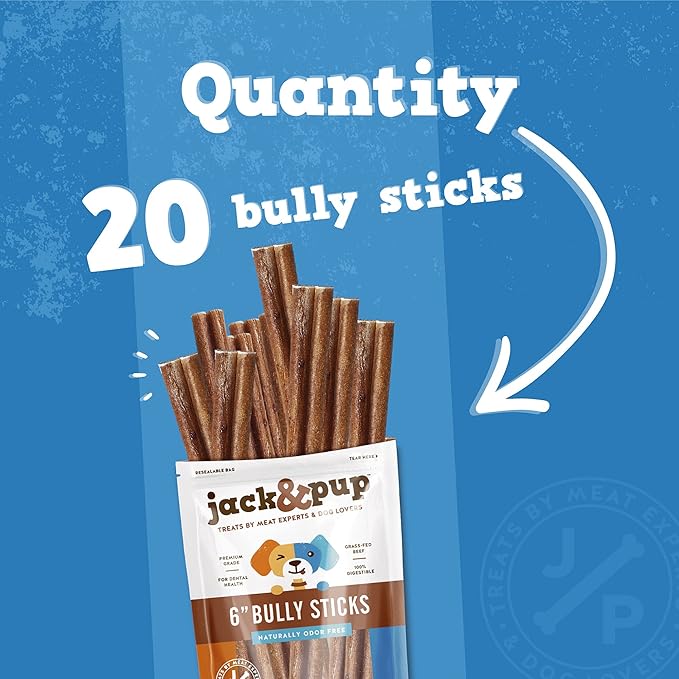 Jack&Pup 6 Inch Bully Sticks for Dogs (20 Pack) Extra Thick Dog Chews Long Lasting, Single Ingredient, 100% Beef Bully Sticks for Large Dogs and Medium Dogs